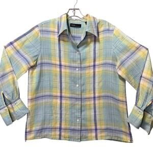 Valerie Stevens Button-Up 100% Linen Women PM Shirt Plaid Blue Yellow